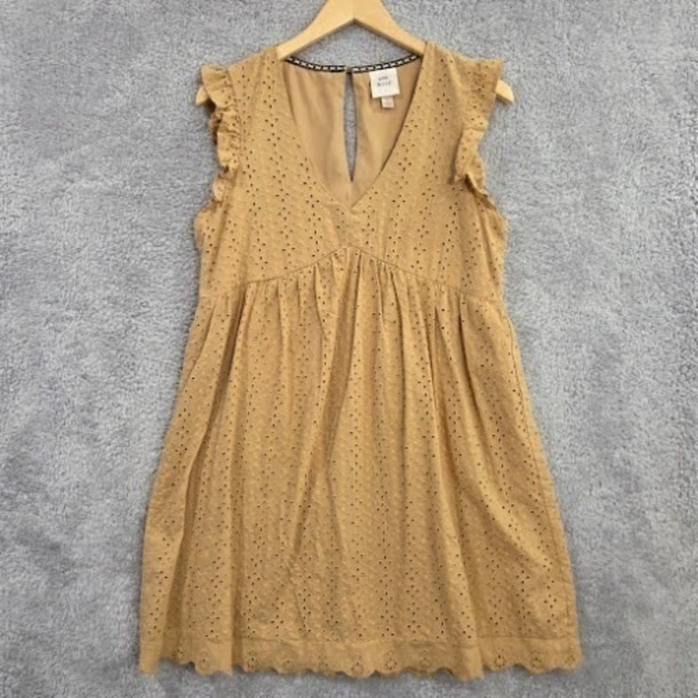 Knox Rose Babydoll Dress Women's Small Sahara Gold Eyelet Ruffle Sleeve V-Neck